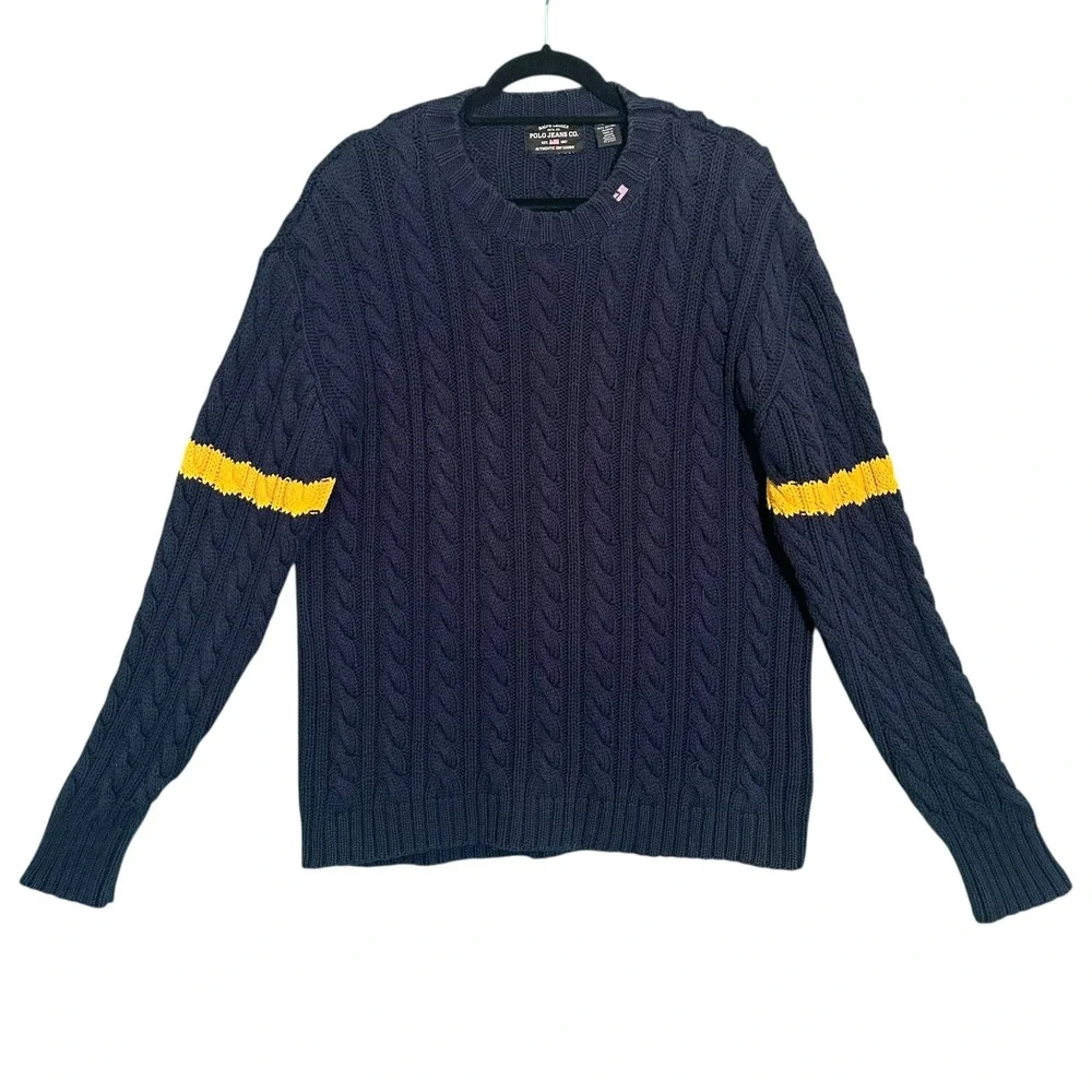 Polo Jeans Co Ralph Lauren Cable Knit Sweater Mens XL Navy Yellow Stripe Vintage